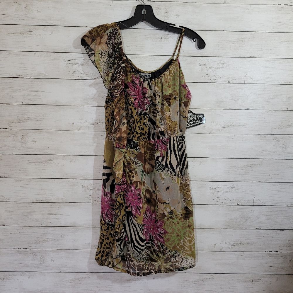 Angie‎ Mixed Print One Shoulder Ruffle Dress Animal Floral Juniors Size Medium